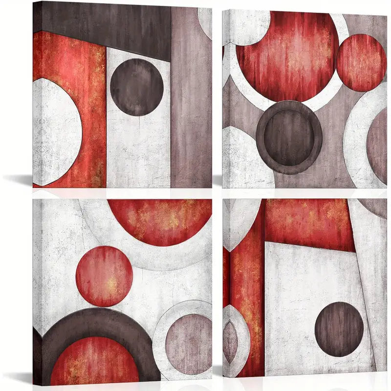 4pcs Taupe and Red Geometric Circle  Wall Art Canvas Framed - Bella Home Decor