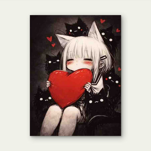 Charming Cat Girl Holding a Heart Design 40x60cm Metal Print Ready to Hang