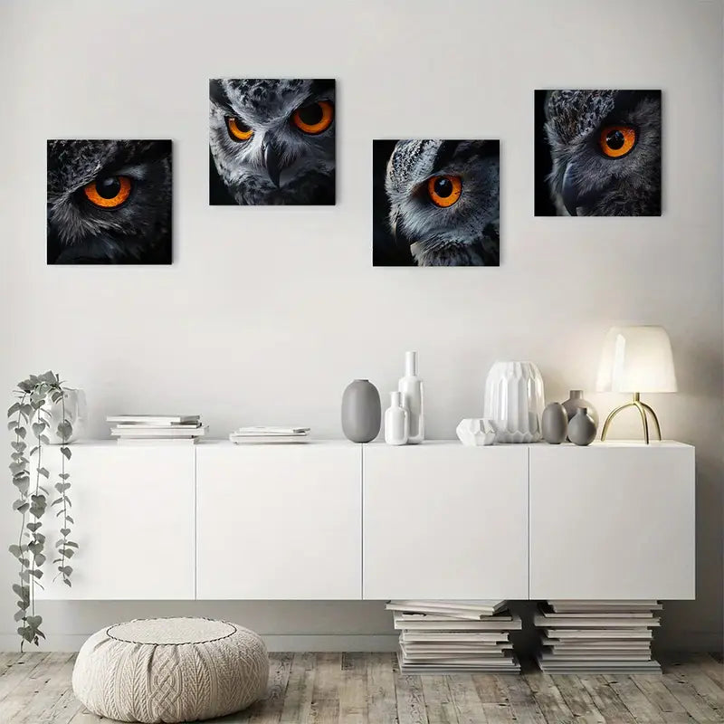 4pcs Vibrant Orange Eyes & Detailed Feather Desi Wall Art Canvas Framed
