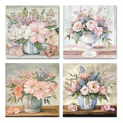 4pcs Abstract Flower Arrangements In Blue & Whit Wall Art Canvas Framed