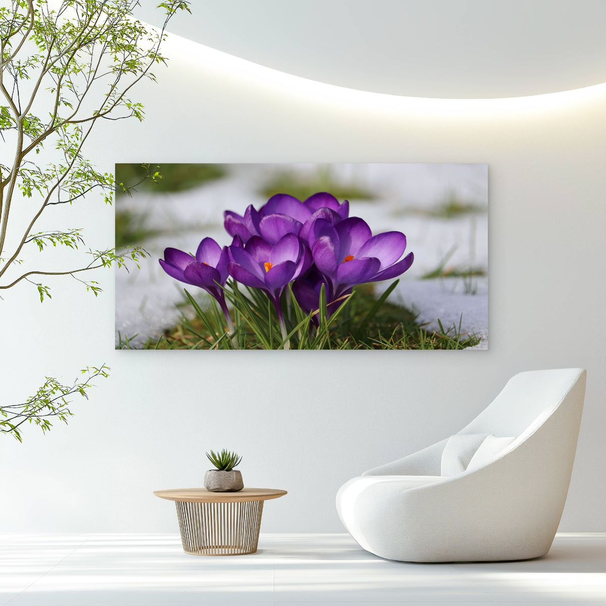 Purple Flowers In Snow Wall Art Canvas Office Home Room Framed 120x60cm