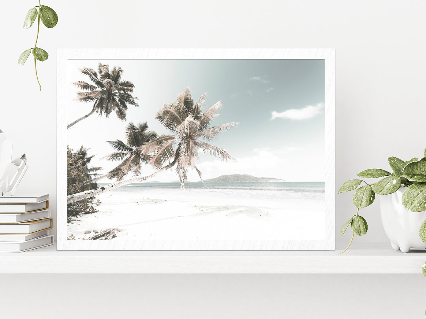 Palm Trees & Sandy Beach View Photograph Glass Framed Wall Art, Ready to Hang Quality Print Without White Border White