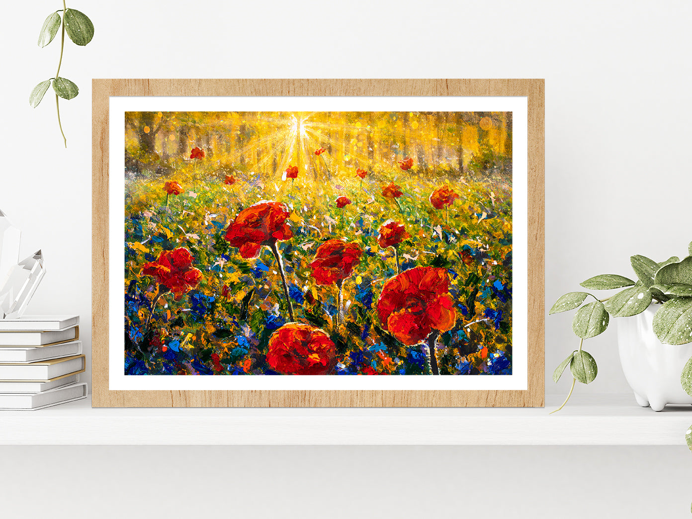 Red Poppies Field, Sun Rays Sunny Flower Field Glass Framed Wall Art, Ready to Hang Quality Print With White Border Oak