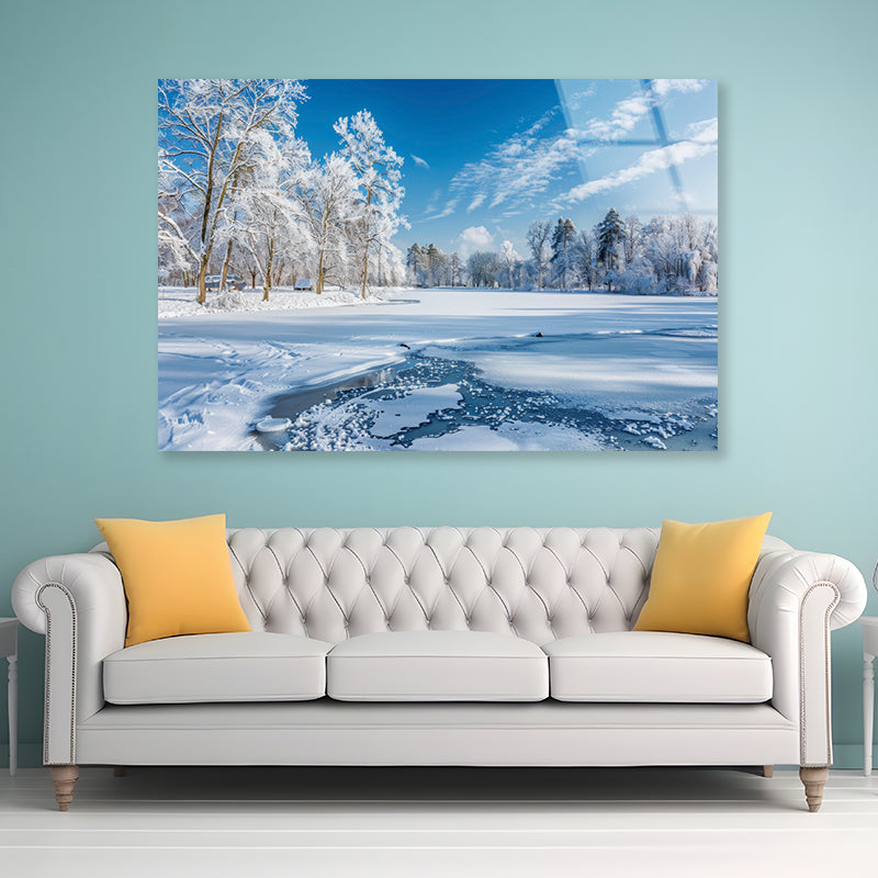 Winter, Frozen Lake and Snow-Covered Trees, Sky Acrylic Glass Print Tempered Glass Wall Art 100% Made in Australia Ready to Hang - Bella Home Decor