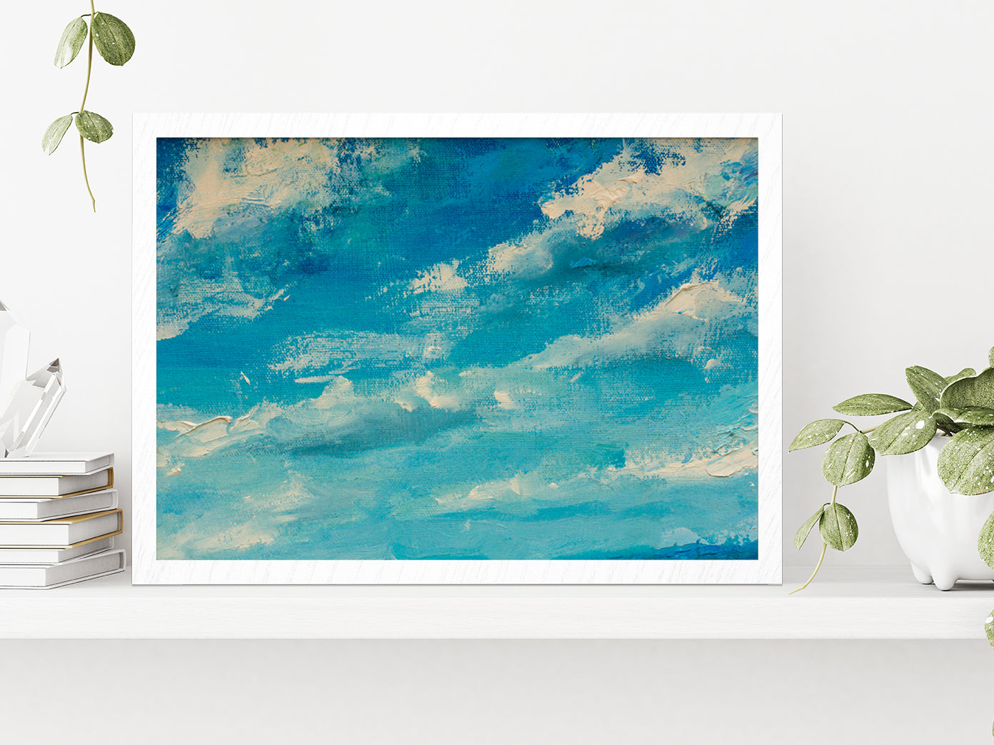 Abstract Clouds Blue Sky Paint Glass Framed Wall Art, Ready to Hang Quality Print Without White Border White