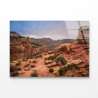 View of Rocks and Bushes with Mountains Acrylic Glass Print Tempered Glass Wall Art 100% Made in Australia Ready to Hang