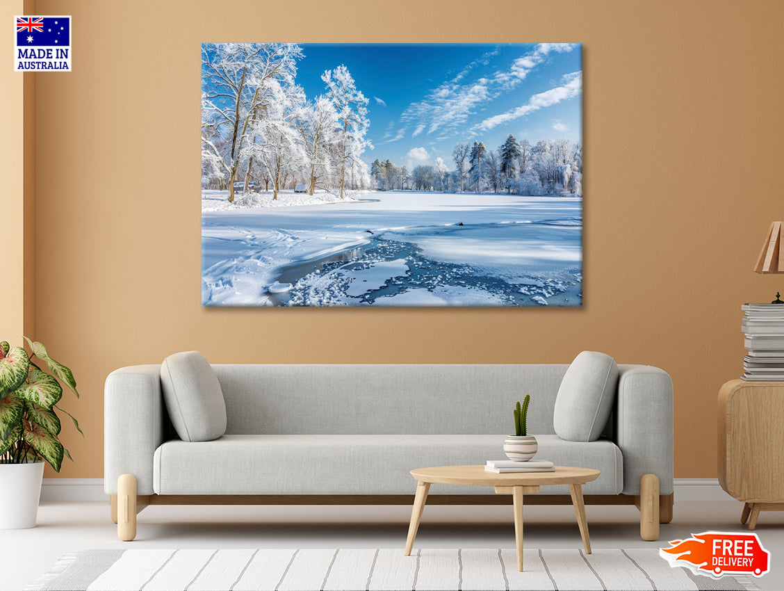 Winter, Frozen Lake and Snow-Covered Trees, Sky Print 100% Australian Made - Bella Home Decor