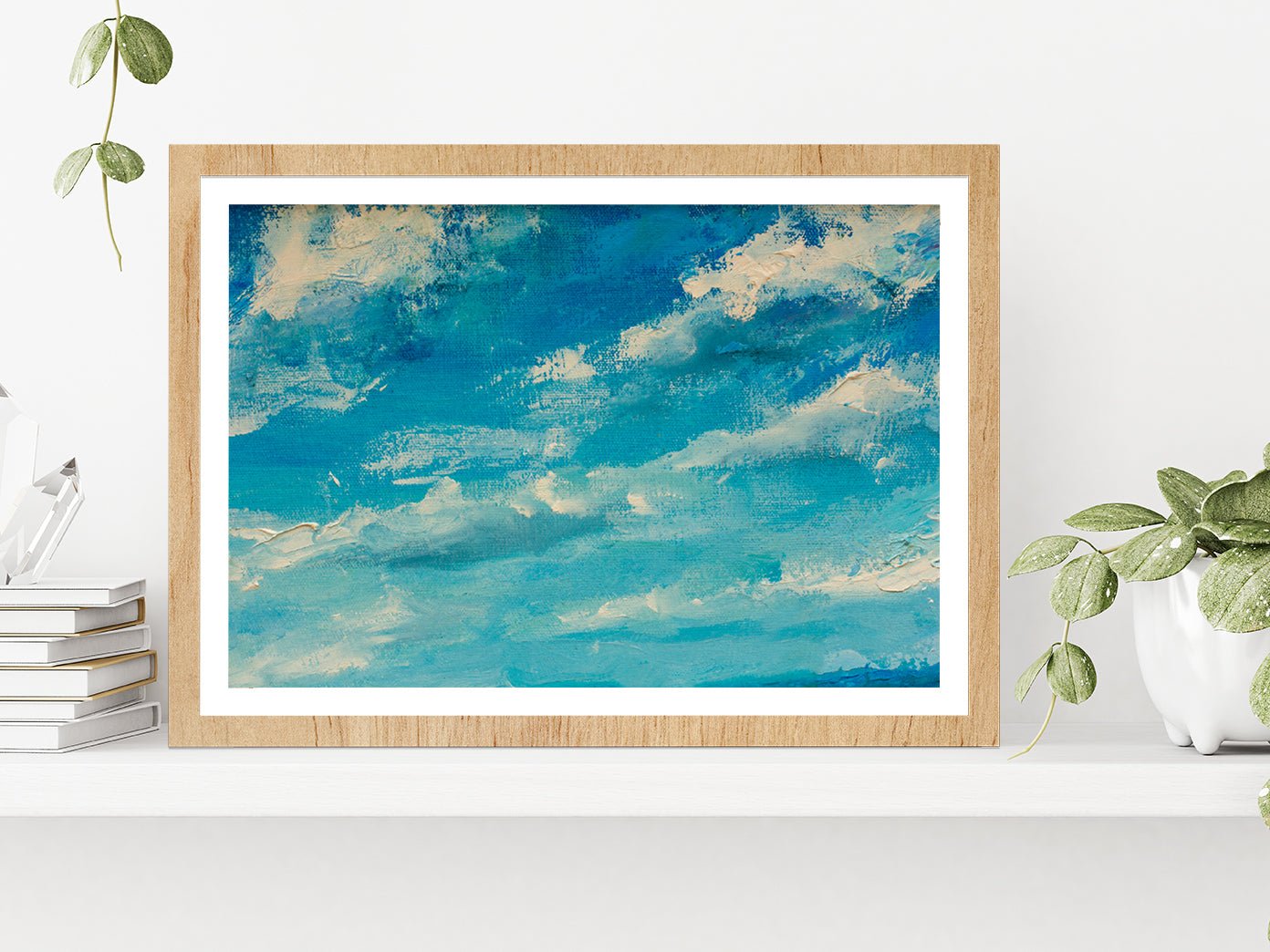 Abstract Clouds Blue Sky Paint Glass Framed Wall Art, Ready to Hang Quality Print With White Border Oak