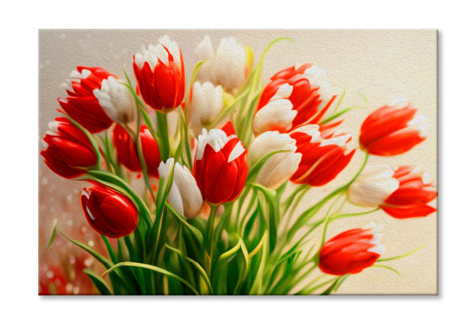 Bouquet of Red, White Tulips. Painted Flowers Wall Art Limited Edition High Quality Print - Bella Home Decor