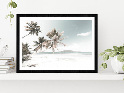 Palm Trees & Sandy Beach View Photograph Glass Framed Wall Art, Ready to Hang Quality Print With White Border Black