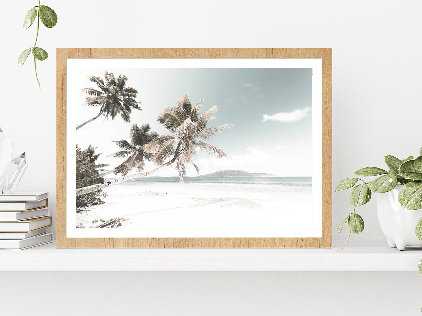 Palm Trees & Sandy Beach View Photograph Glass Framed Wall Art, Ready to Hang Quality Print With White Border Oak