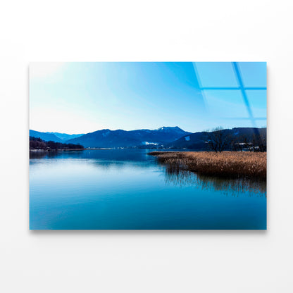 A Lake with a Blue Sky Overhead With Mountains Acrylic Glass Print Tempered Glass Wall Art 100% Made in Australia Ready to Hang