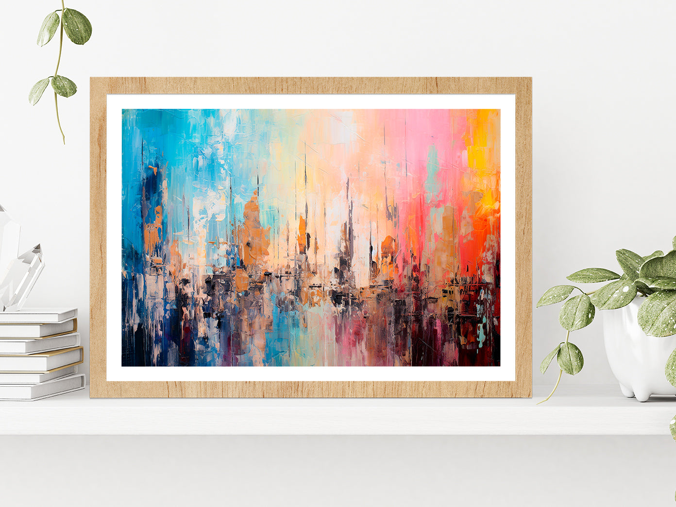 Abstract Colorful Modern Art Acrylic Glass Framed Wall Art, Ready to Hang Quality Print With White Border Oak