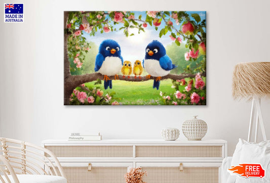 Cute Blue Birds and Chicks on Apple Tree Branches with Pink Flowers Wall Art Limited Edition High Quality Print