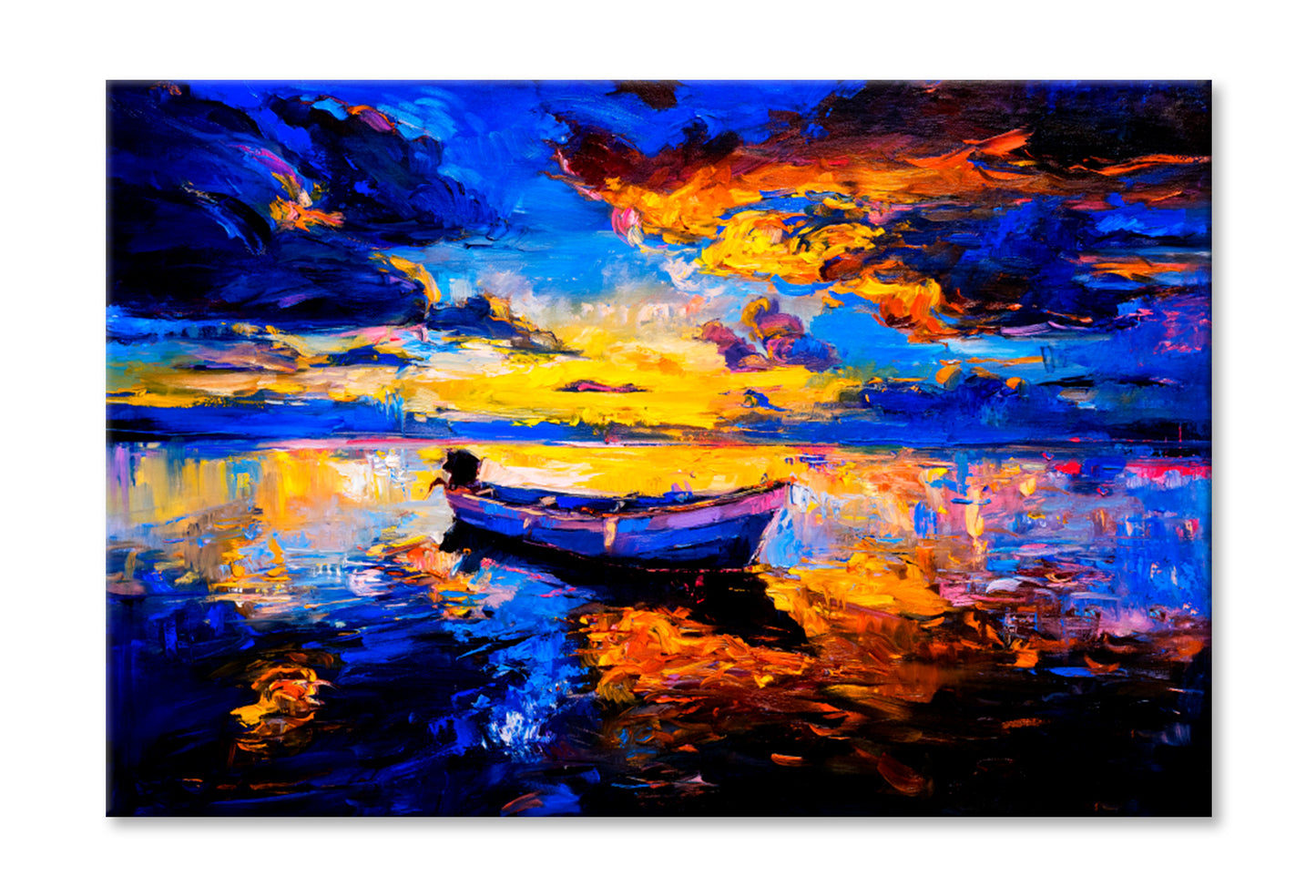 Sky Sunset & Boat On The Water Oil Painting Wall Art Limited Edition High Quality Print Stretched Canvas None