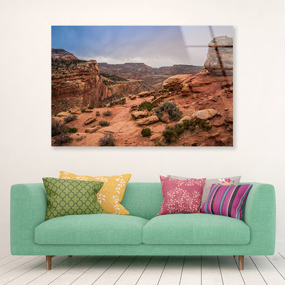 View of Rocks and Bushes with Mountains Acrylic Glass Print Tempered Glass Wall Art 100% Made in Australia Ready to Hang