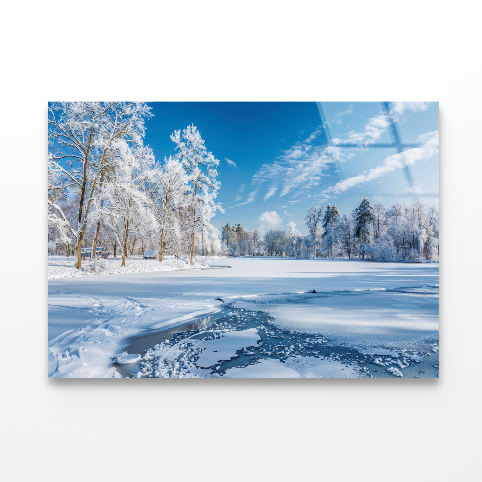 Winter, Frozen Lake and Snow-Covered Trees, Sky Acrylic Glass Print Tempered Glass Wall Art 100% Made in Australia Ready to Hang - Bella Home Decor