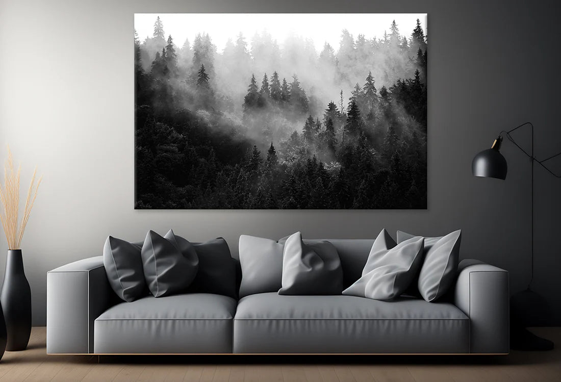 Trees In Mist Black And White Forest 90x60cm Print 100% Australian Made