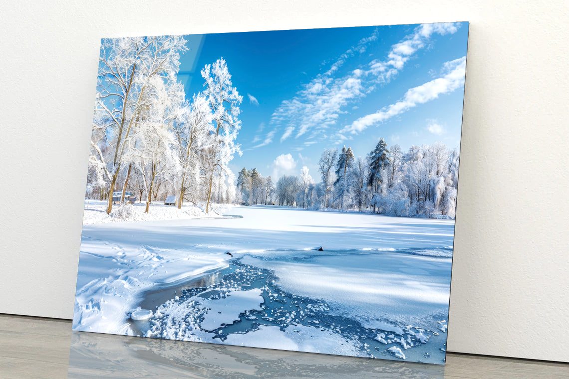 Winter, Frozen Lake and Snow-Covered Trees, Sky Acrylic Glass Print Tempered Glass Wall Art 100% Made in Australia Ready to Hang - Bella Home Decor