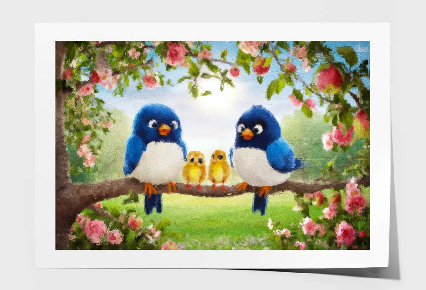 Cute Blue Birds and Chicks on Apple Tree Branches with Pink Flowers Wall Art Limited Edition High Quality Print