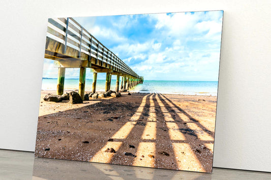 Cornwallis Wharf and Its Leading Innes and Shadow Across Beach to Water Acrylic Glass Print Tempered Glass Wall Art 100% Made in Australia Ready to Hang