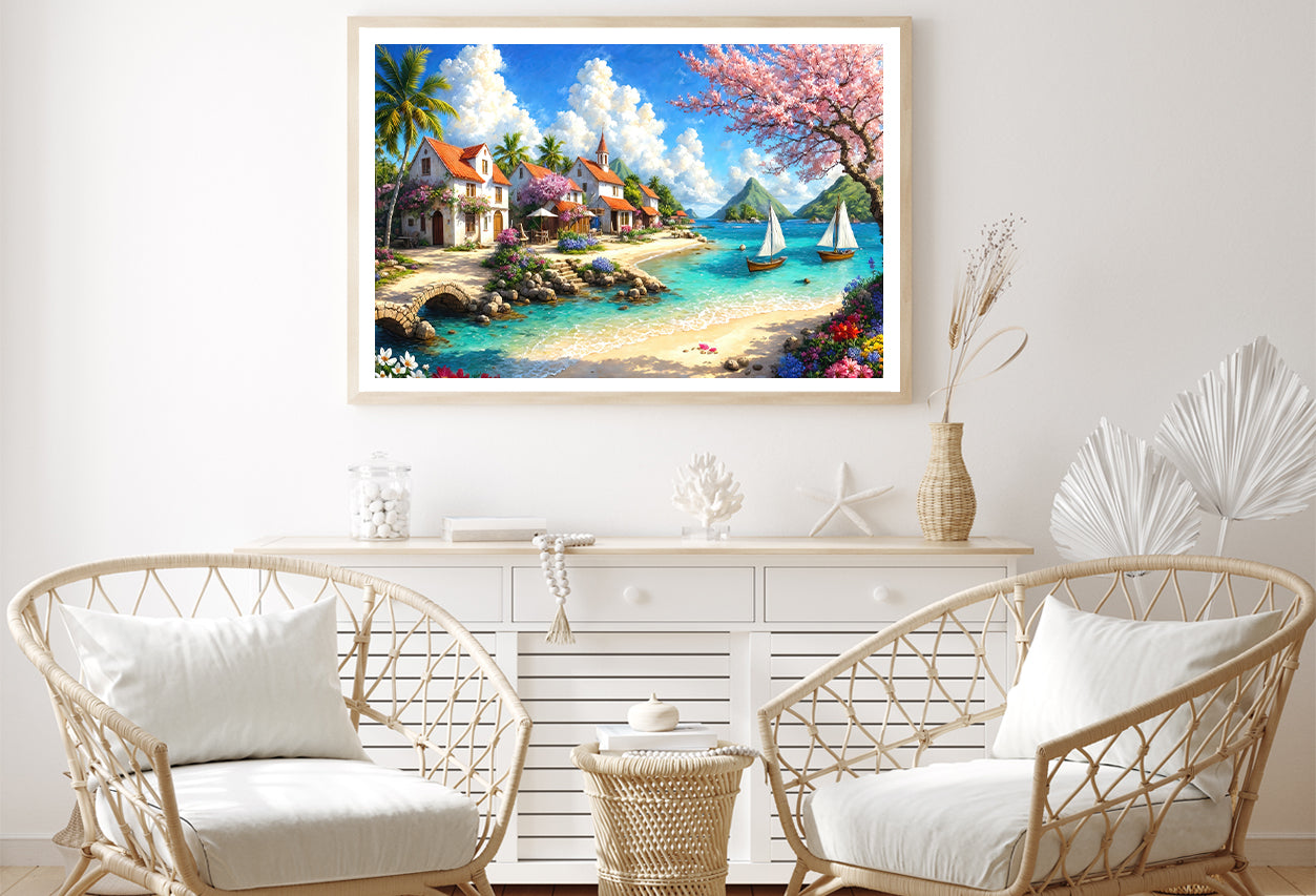 Houses and Boats with Trees, Sky, Flowers Home Decor Premium Quality Poster Print Choose Your Sizes