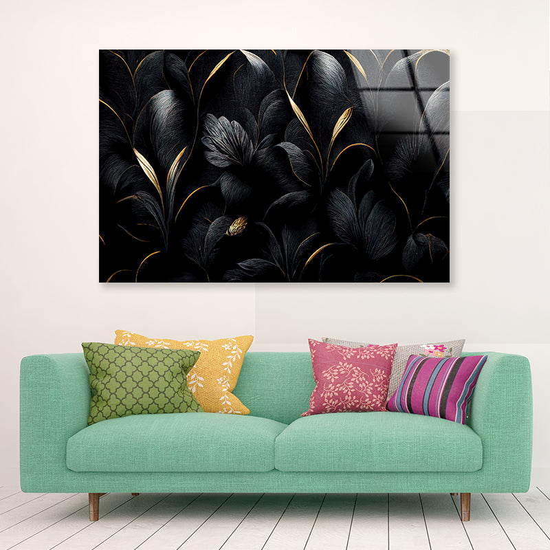 Luxury Black and Gold Leaves Art Acrylic Glass Print Tempered Glass Wall Art 100% Made in Australia Ready to Hang - Bella Home Decor