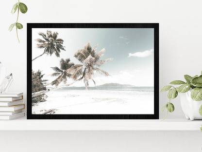 Palm Trees & Sandy Beach View Photograph Glass Framed Wall Art, Ready to Hang Quality Print Without White Border Black