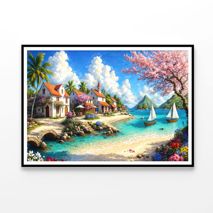 Houses and Boats with Trees, Sky, Flowers Home Decor Premium Quality Poster Print Choose Your Sizes