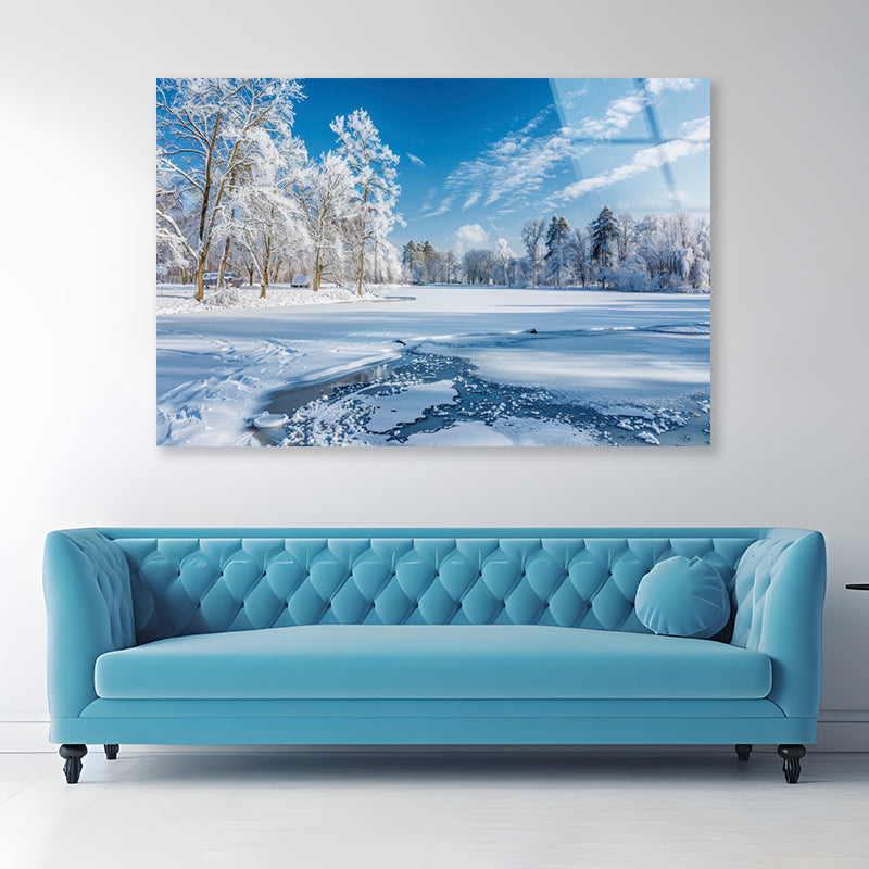 Winter, Frozen Lake and Snow-Covered Trees, Sky Acrylic Glass Print Tempered Glass Wall Art 100% Made in Australia Ready to Hang - Bella Home Decor