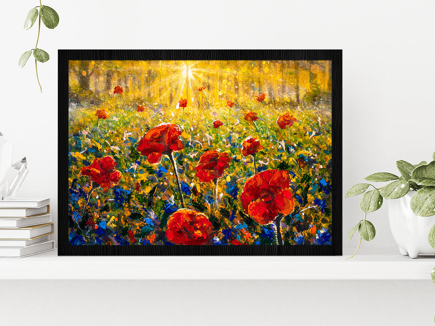 Red Poppies Field, Sun Rays Sunny Flower Field Glass Framed Wall Art, Ready to Hang Quality Print Without White Border Black