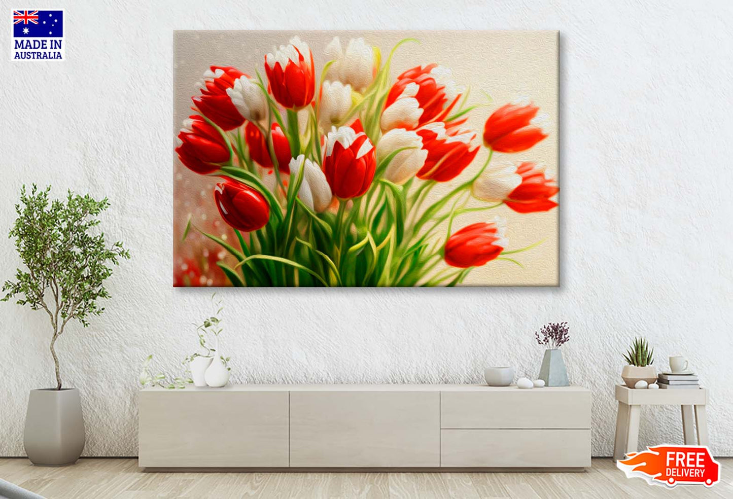 Bouquet of Red, White Tulips. Painted Flowers Wall Art Limited Edition High Quality Print - Bella Home Decor
