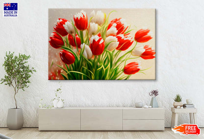 Bouquet of Red, White Tulips. Painted Flowers Wall Art Limited Edition High Quality Print - Bella Home Decor