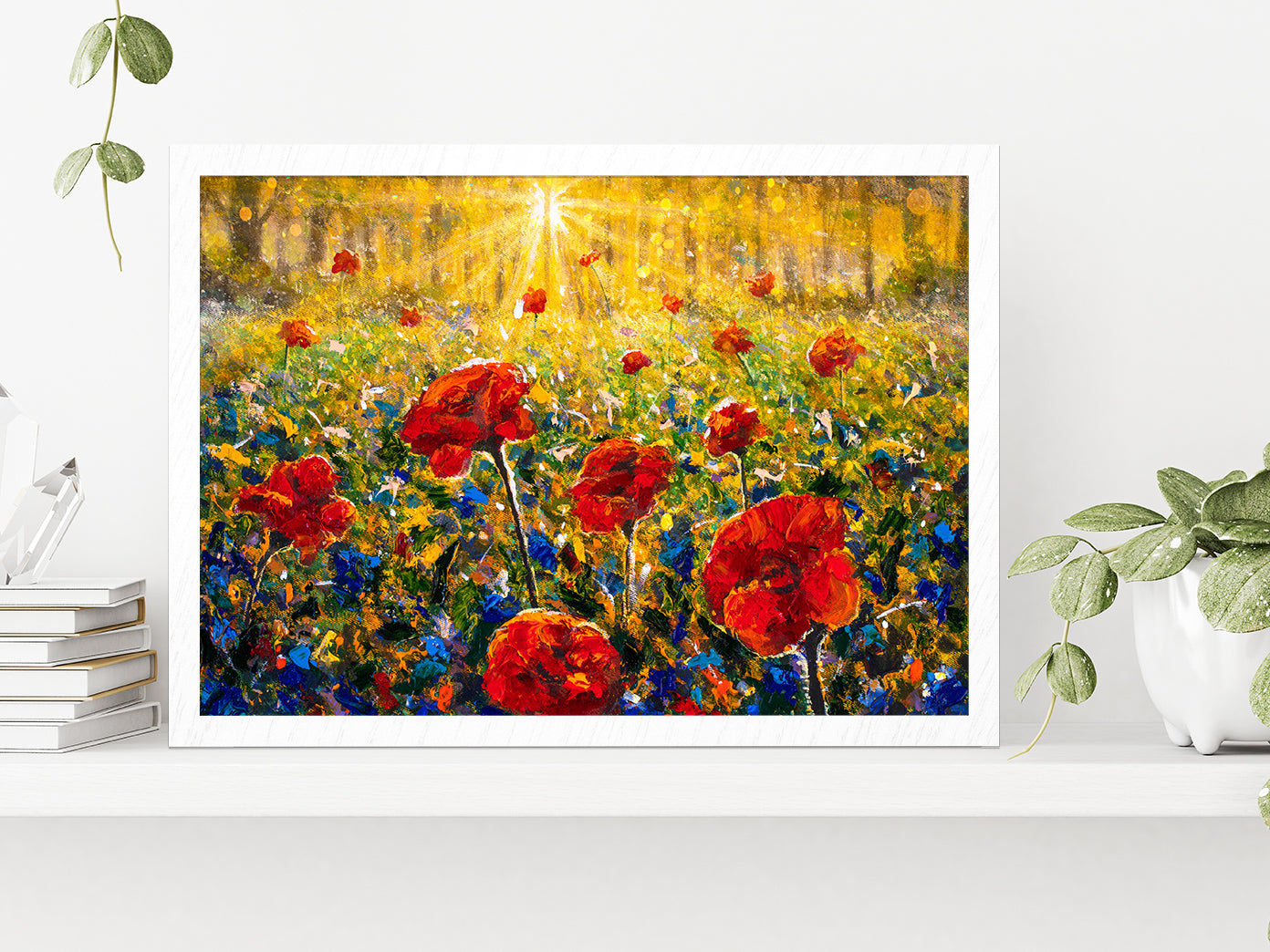 Red Poppies Field, Sun Rays Sunny Flower Field Glass Framed Wall Art, Ready to Hang Quality Print Without White Border White