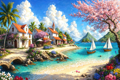 Houses and Boats with Trees, Sky, Flowers Home Decor Premium Quality Poster Print Choose Your Sizes