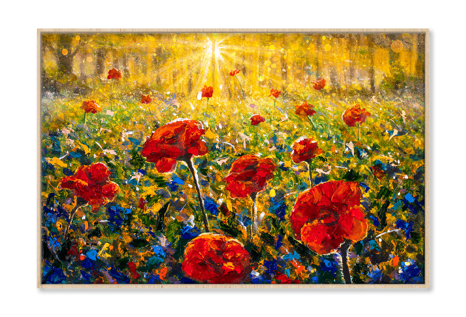 Red Poppies Field, Sun Rays Sunny Flower Field Oil Painting Wall Art Limited Edition High Quality Print Canvas Box Framed Natural