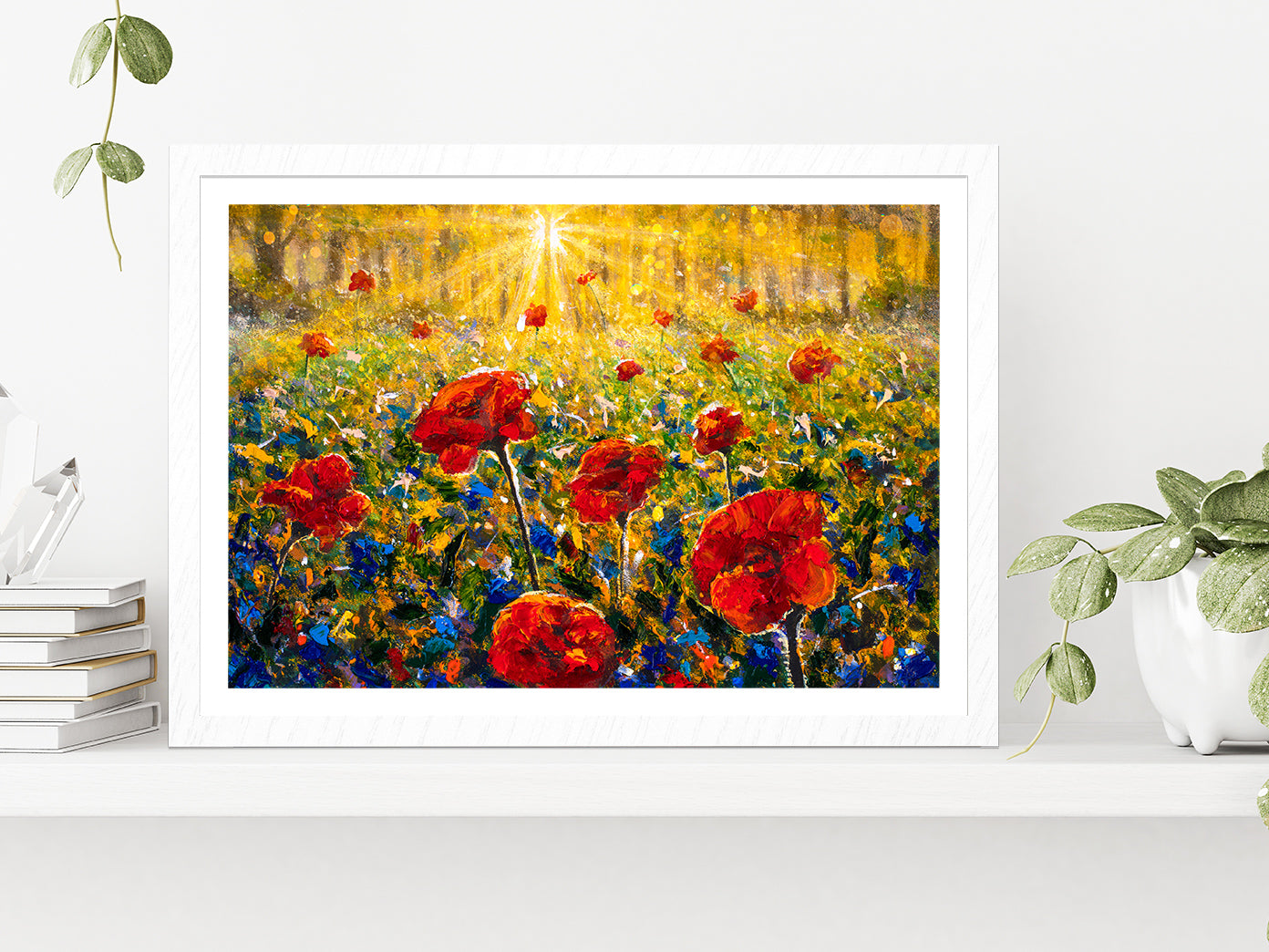 Red Poppies Field, Sun Rays Sunny Flower Field Glass Framed Wall Art, Ready to Hang Quality Print With White Border White