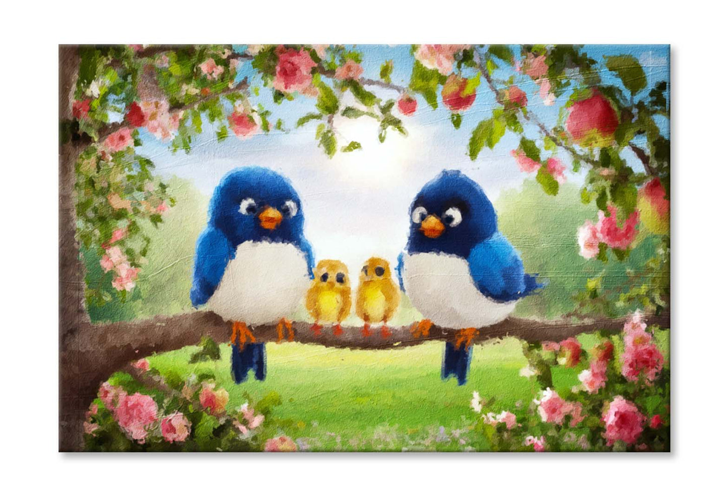 Cute Blue Birds and Chicks on Apple Tree Branches with Pink Flowers Wall Art Limited Edition High Quality Print