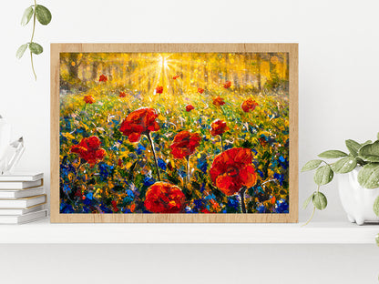 Red Poppies Field, Sun Rays Sunny Flower Field Glass Framed Wall Art, Ready to Hang Quality Print Without White Border Oak