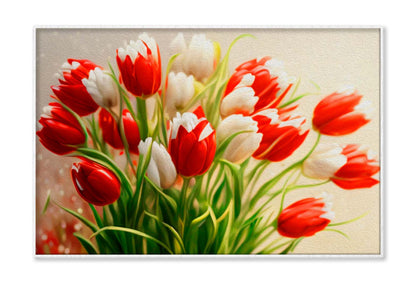 Bouquet of Red, White Tulips. Painted Flowers Wall Art Limited Edition High Quality Print - Bella Home Decor