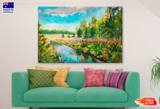 Green Trees & Bushes, Lake Stream River Oil Painting Wall Art Limited Edition High Quality Print