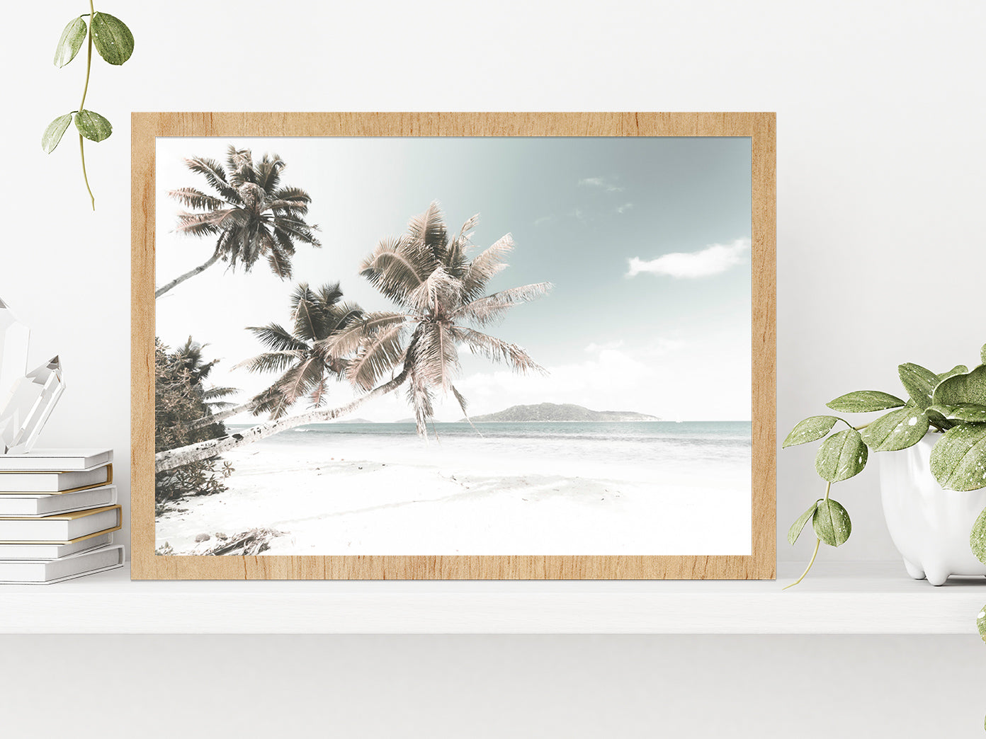 Palm Trees & Sandy Beach View Photograph Glass Framed Wall Art, Ready to Hang Quality Print Without White Border Oak