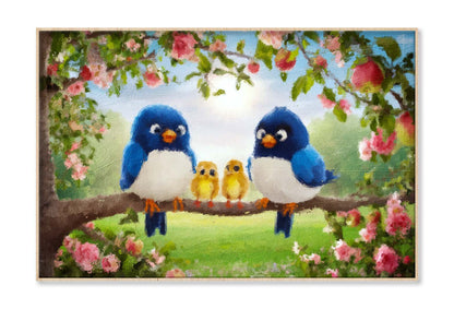 Cute Blue Birds and Chicks on Apple Tree Branches with Pink Flowers Wall Art Limited Edition High Quality Print