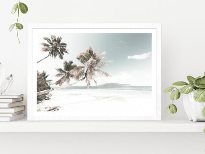 Palm Trees & Sandy Beach View Photograph Glass Framed Wall Art, Ready to Hang Quality Print With White Border White