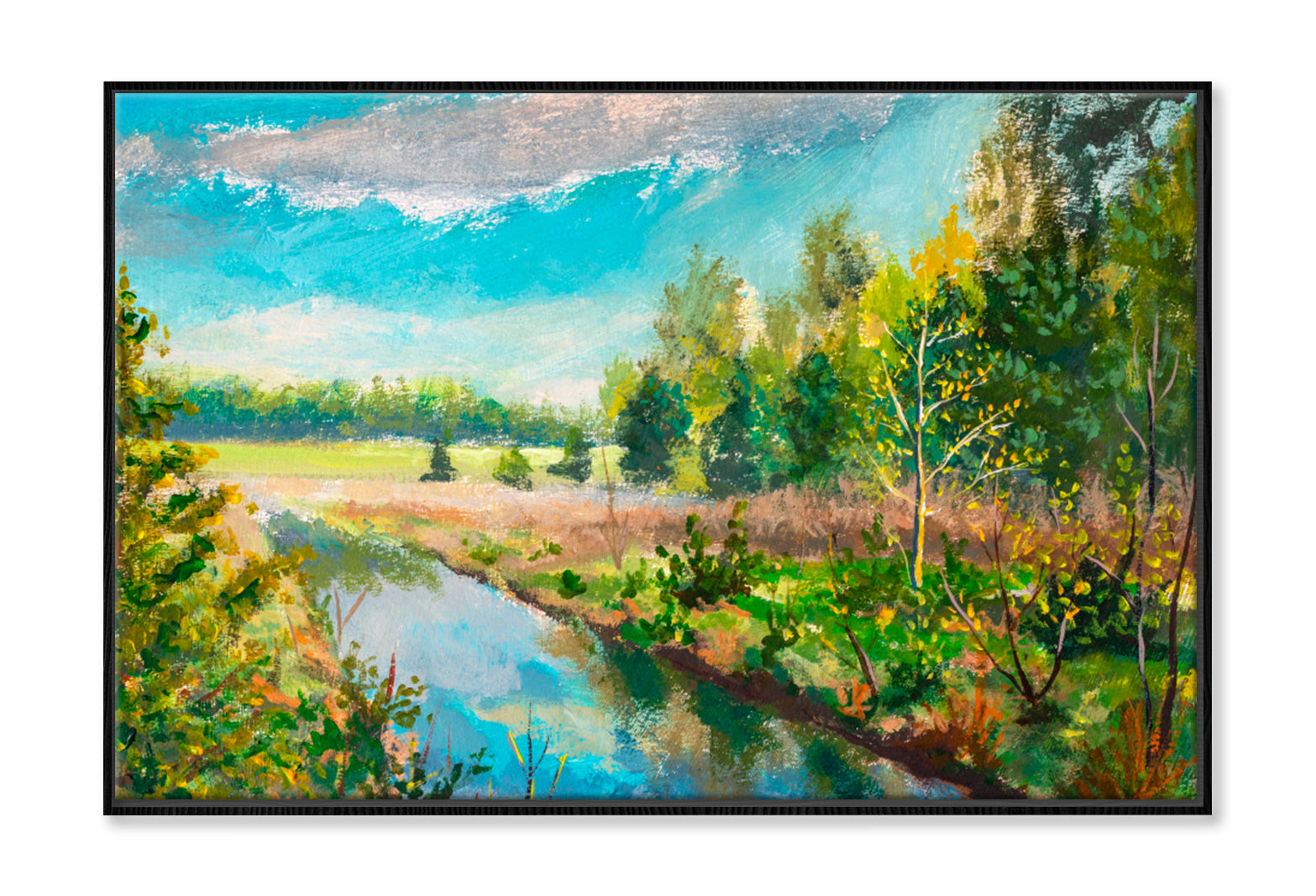 Green Trees & Bushes, Lake Stream River Oil Painting Wall Art Limited Edition High Quality Print Canvas Box Framed Black