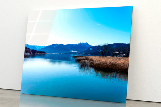 A Lake with a Blue Sky Overhead With Mountains Acrylic Glass Print Tempered Glass Wall Art 100% Made in Australia Ready to Hang