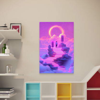 Surreal Landscape With Neon Steps Man Pink Sky 60x90cm Metal Print Ready to Hang