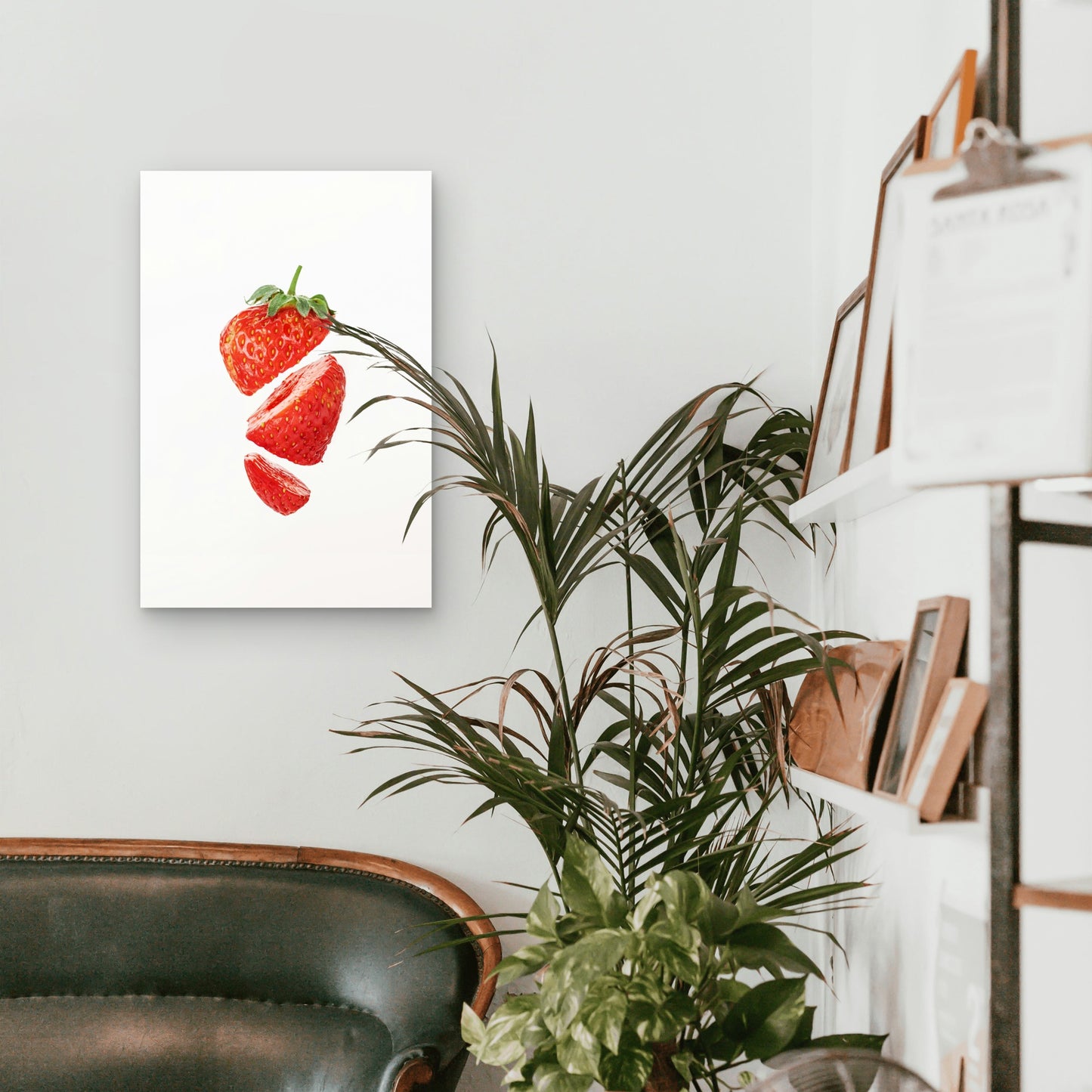 Sliced Strawberry Against A White Background 60x90cm Metal Print Ready to Hang