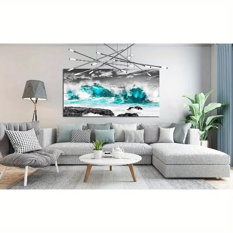 Beach Coastal White Clouds Black Stones Wall Art canvas office home room framed 120x60cm - Bella Home Decor