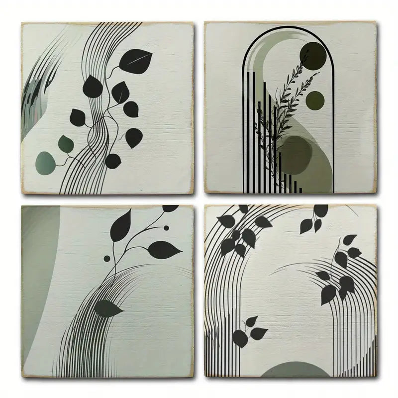 4pcs Green Leaves Art With Black Lines Wall Art Canvas Framed